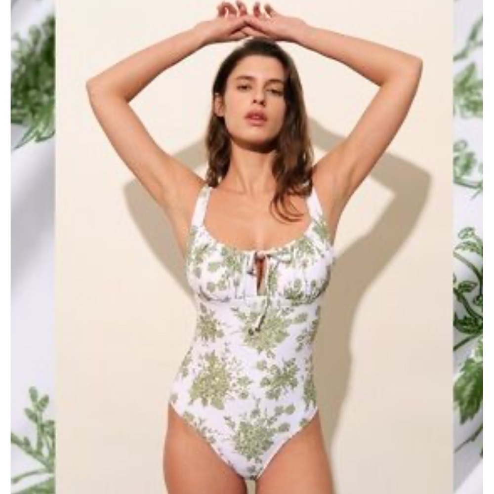 BERLOOK NEW Women's Green Floral One Piece Swimsuit Size Large Tie Front